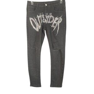 Mens "Life of an Outsider" Unique Goth Rock Black Denim Jeans Size 31 So Cool !!